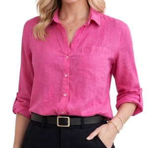 100% Linen Saks Fifth Avenue Vibrant Pink Button Down Shirt 3/4 Sleeve Blouse